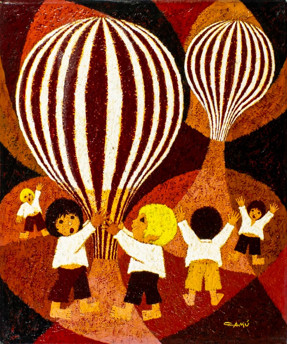 A Camu (Europe,20C) oil painting: ARTIST: A Camu (European, 20 century) TITLE: Children at Play MEDIUM: oil on canvas CONDITION: Unstretched (In-House stretching available). Few small paint losses. Some craq