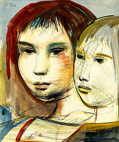 Josef Presser (MA,NY,1907-1967) mixed media painting: ARTIST: Josef Presser (Massachusetts, New York, 1907 - 1967) TITLE: Portrait of Women MEDIUM: mixed media on paper CONDITION: Minor age toning. Framed under glass. Minor d
