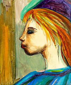 Josef Presser (MA,NY,1907-1967) mixed media painting: ARTIST: Josef Presser (Massachusetts, New York, 1907 - 1967) TITLE: Portrait of Girl MEDIUM: mixed media on paper CONDITION: Minor age toning. Framed under glass. Some sma