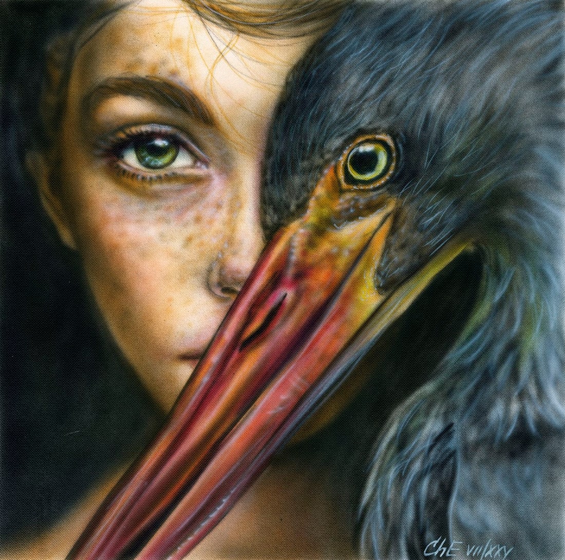 Evgeniy Chunikhin (Ukraine,b 1976) acrylic painting: ARTIST: Evgeniy Chunikhin (Ukraine, born 1976) TITLE: Woman and Stork MEDIUM: acrylic on heavy paper CONDITION: Very good. ART SIZE: 12 x 12 inches / 30