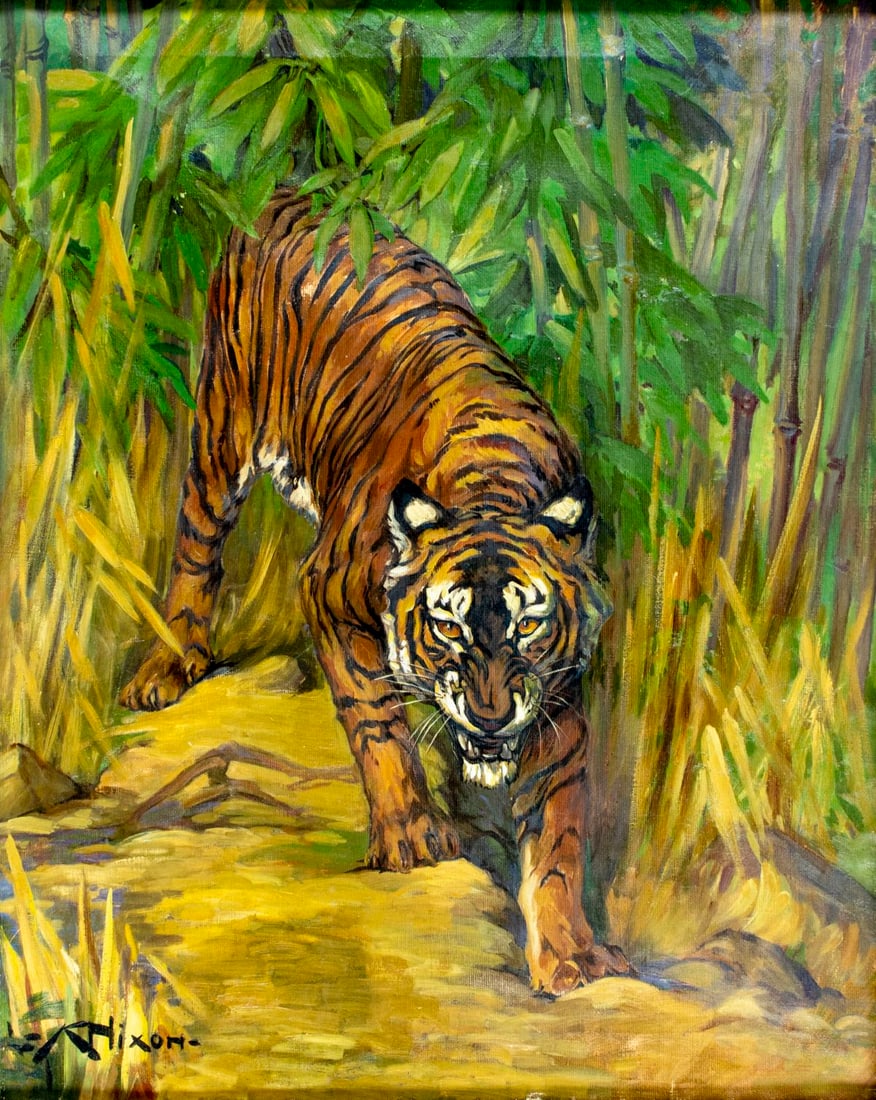 Kay Nixon (UK,1895-1988) oil painting: ARTIST: Kay Nixon (United Kingdom, 1895 - 1988) TITLE: Tiger MEDIUM: oil on canvas CONDITION: Some scratches/paint losses. No visible inpaint under UV light. Some damages