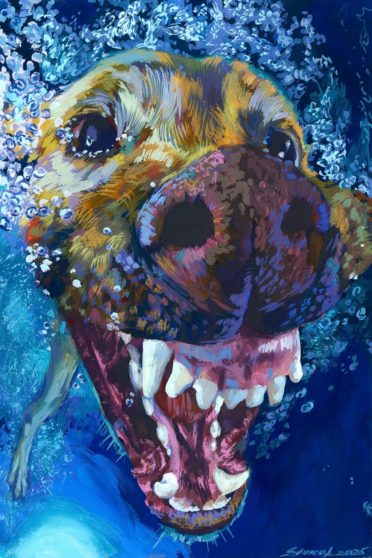 Tatiana Synieok (Ukraine,20/21C) oil painting: ARTIST: Tatiana Synieok (Ukraine, 20/21 centuries) TITLE: Dog Swimming MEDIUM: oil on heavy paper CONDITION: Very good. No visible inpaint under UV light. ART SIZ