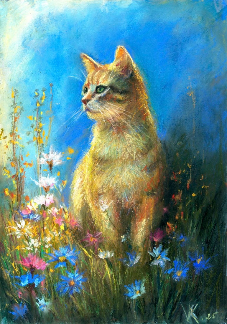 Ksenia Vasilchenko (Ukraine,b 1996) pastel painting: ARTIST: Ksenia Vasilchenko (Ukraine, born 1996) TITLE: Cat MEDIUM: pastel on heavy paper CONDITION: Very good. ART SIZE: 12 x 8 inches / 30 x 20 cm