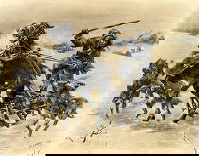 H Lammer (Europe,early 20C) chalk painting antique: ARTIST: H Lammer (European, early 20 century) AFTER Alfred von Wierusz - Kowalski TITLE: Horse Drawn Sleigh Attacked by Wolves MEDIUM: chalk on paper CONDITION: Some age ton