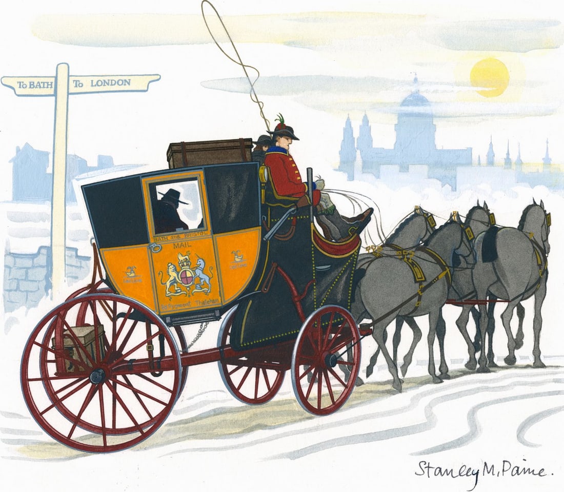 Stanley Paine (UK,1934-?) gouache painting: ARTIST: Stanley M Paine (United Kingdom, 1934 - ???) TITLE: Bath Mail Coach, UK (titled on verso) YEAR: 1984 MEDIUM: gouache on board CONDITION: Minor