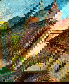 Hildegarde Hamilton (FL,VA,1898-1970) oil painting: ARTIST: Hildegarde Hume Hamilton (Florida, Virginia, 1898 - 1970) TITLE: Cityscape MEDIUM: oil on canvas CONDITION: Unstretched (In-House stretching available). Some flaki