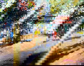 Jian Wu (China,CA,b 1942) oil painting: ARTIST: Jian Wu (Chinese, California, born 1942) TITLE: Ticket Booth (titled on stretcher) MEDIUM: oil on canvas CONDITION: Very good. No visible inpaint under UV light.