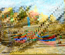 Hildegarde Hamilton (FL,VA,1898-1970) oil painting: ARTIST: Hildegarde Hume Hamilton (Florida, Virginia, 1898 - 1970) TITLE: Cityscape - Fishing Boats in St Pauls Bay, Malta (titled on verso) YEAR: 1966 MEDIUM: oil on canva