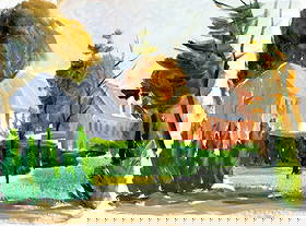 George Holloway (NJ,20C) oil painting: ARTIST: George Holloway (New Jersey, 20 century) TITLE: Autumn Town Scene MEDIUM: oil on canvas board CONDITION: Very minor craquelure. No visible inpaint under UV light.