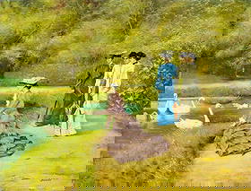 Boras (Europe,mid 20C) oil painting: ARTIST: Boras (European, mid 20 century) TITLE: Ladies by Swan Pond MEDIUM: oil on board CONDITION: Some craquelure. No visible inpaint under UV light. Normal wear along edg