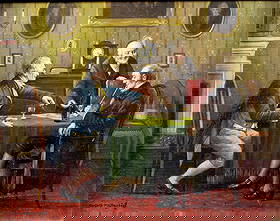 Rudolf Klingsbogl (Austria,1881-1943) oil painting antique: ARTIST: Rudolf Klingsbogl (Austrian, 1881 - 1943) TITLE: Interior Scene MEDIUM: oil on board CONDITION: Some horizontal surface cracks. Few minor paint losses. Some scatte