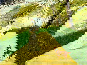 Boras (Europe,mid 20C) oil painting: ARTIST: Boras (European, mid 20 century) TITLE: Lady with Dog in Park MEDIUM: oil on board CONDITION: Some small horizontal surface cracks. No visible inpaint under UV light