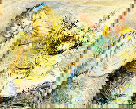 Thomas Strickland (FL,NJ,1932-1999) oil painting: ARTIST: Thomas J Strickland (Florida, New Jersey, 1932 - 1999) TITLE: Vlada with Yellow Towel (titled on verso) YEAR: 1960 MEDIUM: oil on canvas CONDITION: