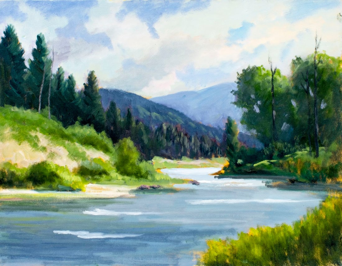 George Holloway (NJ,20C) oil painting: ARTIST: George Holloway (New Jersey, 20 century) TITLE: River Landscape MEDIUM: oil on canvas board CONDITION: Overall good. Minor craquelure. No visible inpaint under UV li