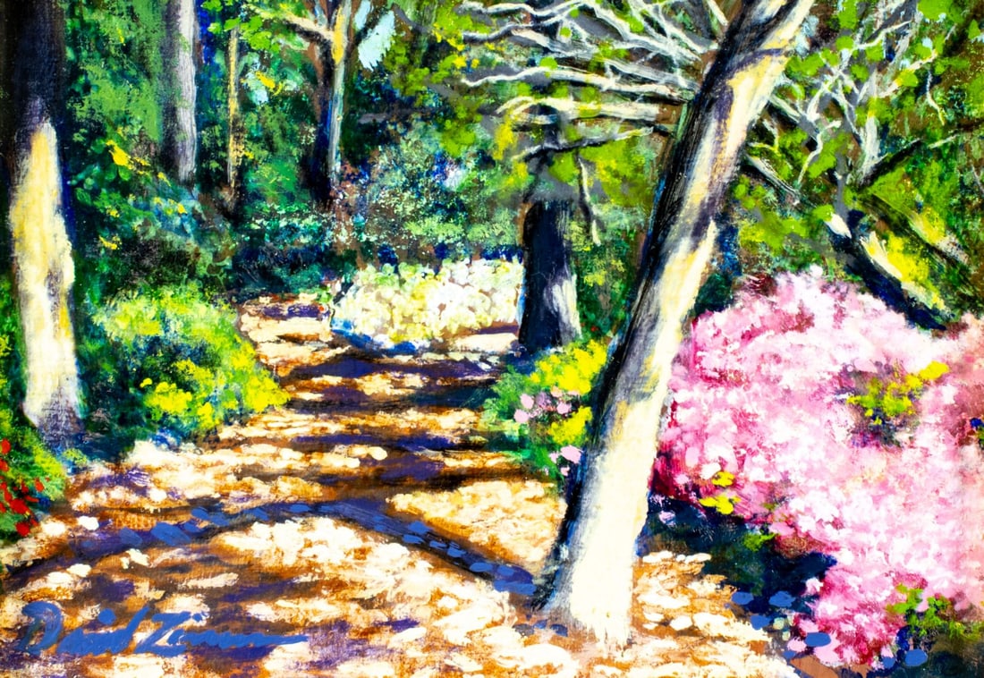 David Zimmerman (NC,b 1946) oil painting 126384: ARTIST: David Zimmerman (North Carolina, born 1946) TITLE: Landscape Azalea Air (titled on label) YEAR: 1998 MEDIUM: oil on board CONDITION: Very good. N