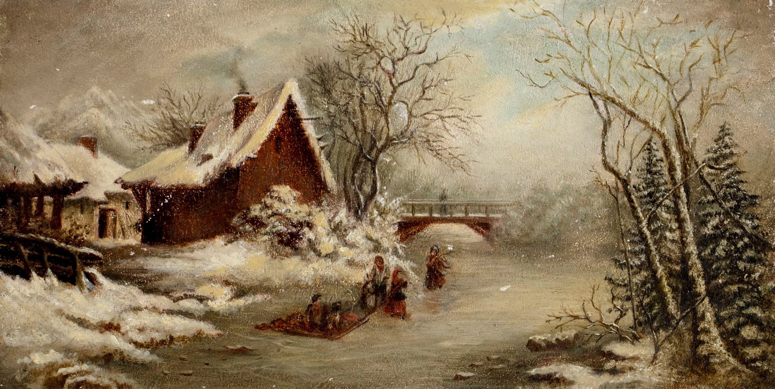 Antique early 20C European oil painting: ARTIST: - (Europe, early 20 century) TITLE: Winter Village Landscape MEDIUM: oil on board CONDITION: Some scratches/paint losses. No visible inpaint under UV light.