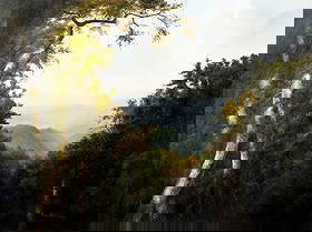 Ron Williams (TN,1947-2016) oil painting: ARTIST: Ron Williams (Tennessee, 1947 - 2016) TITLE: Autumn Mountain Landscape MEDIUM: oil on canvas CONDITION: Overall good. No visible inpaint under UV light. Normal wea