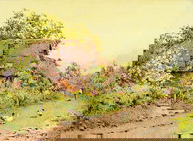 John Lynas Gray (UK,1869-1933) watercolor painting antique: ARTIST: John Abernethy Lynas Gray (United Kingdom, 1869 - 1933) TITLE: Country Landscape, Cropthorne Village, UK (titled on verso) YEAR: 1923 MEDIUM: watercolor on board