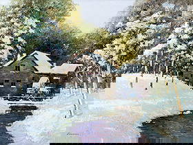 Law Kwok Leung (China,US,b 1954) oil painting: ARTIST: Law Kwok Leung (Chinese, American, born 1954) TITLE: Winter Watermill Landscape MEDIUM: oil on canvas CONDITION: Unstretched (In-House stretching available). Overal