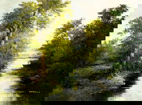 Ron Williams (TN,1947-2016) oil painting: ARTIST: Ron Williams (Tennessee, 1947 - 2016) TITLE: Forest Stream Landscape MEDIUM: oil on canvas CONDITION: Overall good. No visible inpaint under UV light. Normal wear