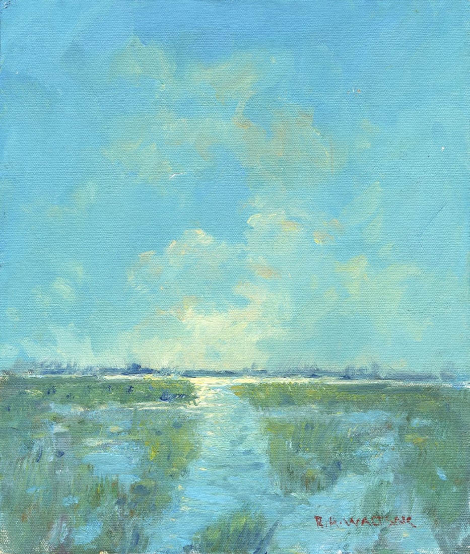 Robert Waltsak (NJ,b 1944) oil painting: ARTIST: Robert Alan Waltsak (New Jersey, born 1944) TITLE: Marsh Landscape MEDIUM: oil on canvas. Canvas applied to board. CONDITION: Overall good. No visible inpaint under