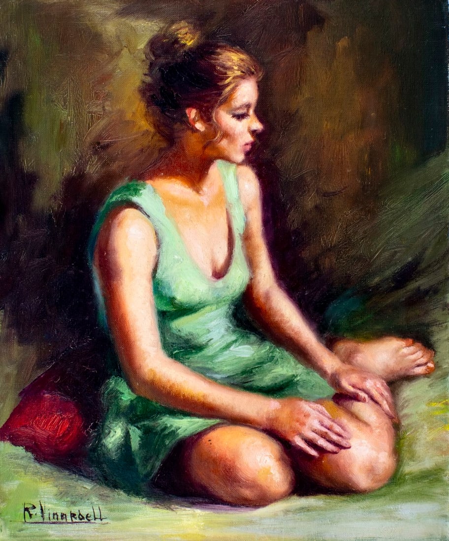 Roser Vinardell (Spain,1941-?) oil painting: ARTIST: Roser Vinardell (Spanish, 1941 - ???) TITLE: Woman in Green Dress MEDIUM: oil on canvas CONDITION: Unstretched (In-House stretching available). Few minor paint los