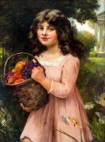 John Witt (NY,IN,1840-1901) oil painting antique: ARTIST: John Henry Witt (New York, Indiana, 1840 - 1901) NAME: Portrait of Girl with Basket of Fruits YEAR: 1901 MEDIUM: oil on canvas CONDITION: Three small patches. No