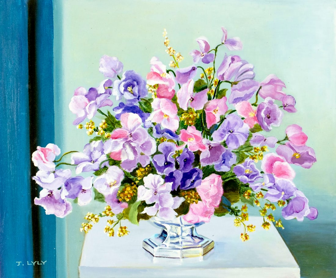 Joanna Lyly Wang (US,China,20C) oil painting: ARTIST: Joanna Lyly Wang (American, Chinese, 20 century) TITLE: Still Life with Vase of Flowers MEDIUM: oil on canvas CONDITION: Unstretched (In-House stretching available).