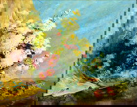 H C Funk (US,mid 20C) oil painting antique: ARTIST: H C Funk (American, mid 20 century) TITLE: Still Life with Vase of Flowers YEAR: 1943 MEDIUM: oil on canvas board CONDITION: Some scratches/paint