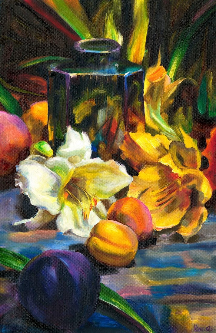 Alina Kvaratshelia (Ukraine,20/21C) oil painting: ARTIST: Alina Kvaratshelia (Ukraine, 20/21 centuries) TITLE: Still Life with Fruits and Flowers MEDIUM: oil on heavy paper CONDITION: Very good. No visible inpaint under UV
