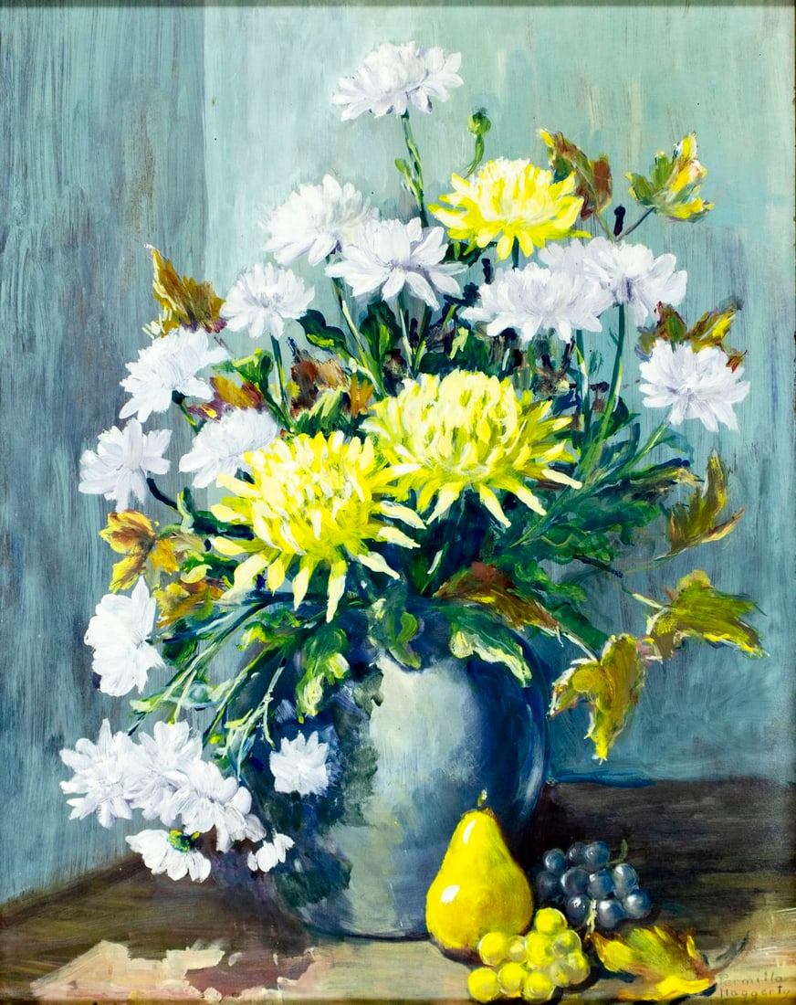 Permilla Haggerty Eshelman (OH,1871-1953) oil painting: ARTIST: Permilla Haggerty Eshelman (Ohio, 1871 - 1953) TITLE: Still Life with Fruit and Vase of Flowers MEDIUM: oil on board CONDITION: Some faint scratches. No visible in