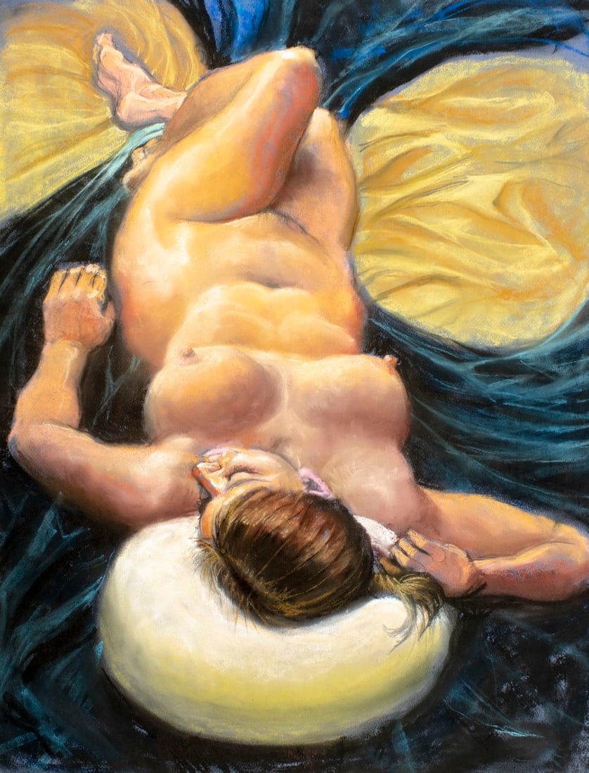 Karl Foster (PA,b 1933) pastel painting: ARTIST: Karl Foster (Pennsylvania, born 1933) TITLE: Sleeping Nude MEDIUM: pastel on heavy paper CONDITION: Few faint scratches. ART SIZE: 26 x 20 inches