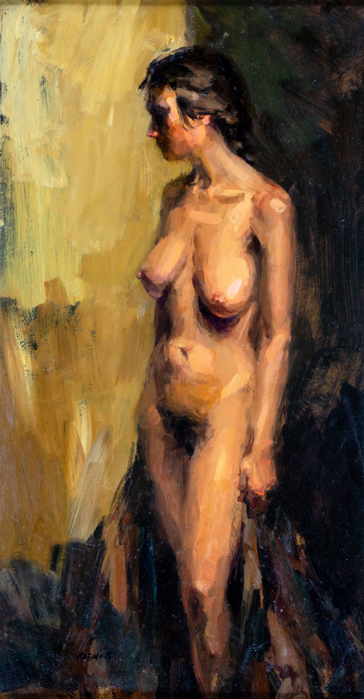 John Koenig (NM,1927-2017) oil painting: ARTIST: John S Koenig (New Mexico, 1927 - 2017) TITLE: Nude MEDIUM: oil on board CONDITION: Few scratches/paint losses. Some craquelure. Some scattered inpaintings.