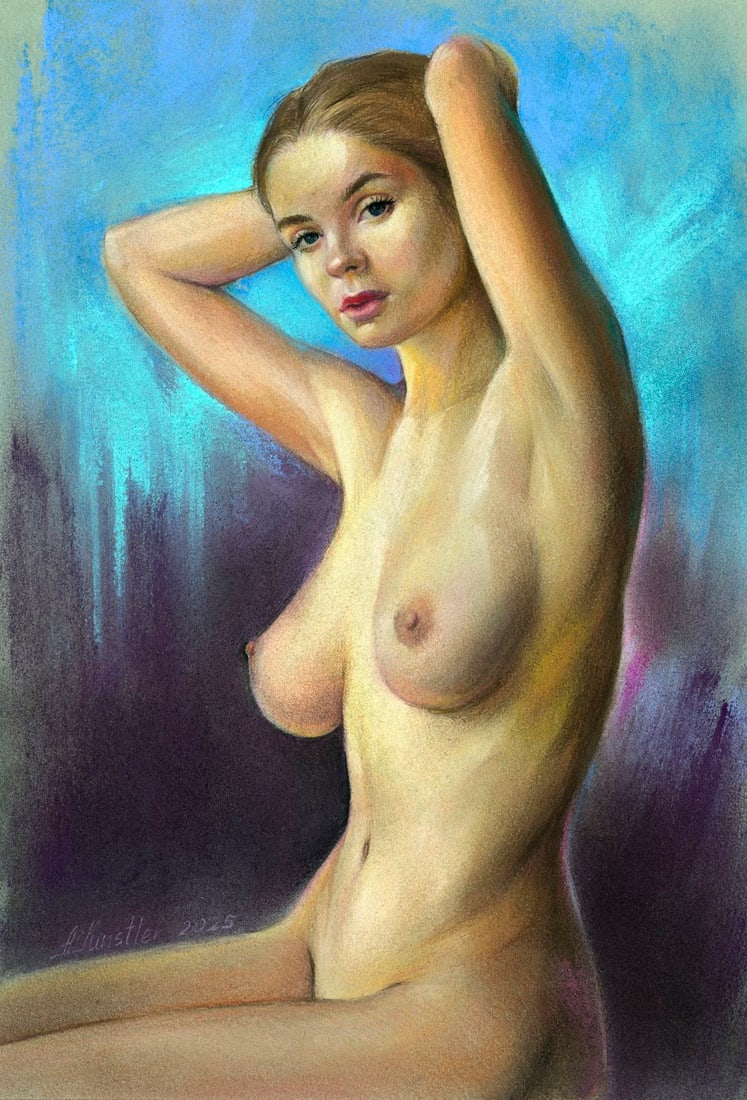 Anna Kintsler (Ukraine,b 2001) pastel painting: ARTIST: Anna Kintsler (Ukraine, born 2001) TITLE: Nude MEDIUM: pastel on heavy paper CONDITION: Very good. ART SIZE: 12 x 8 inches / 30 x 20 cm