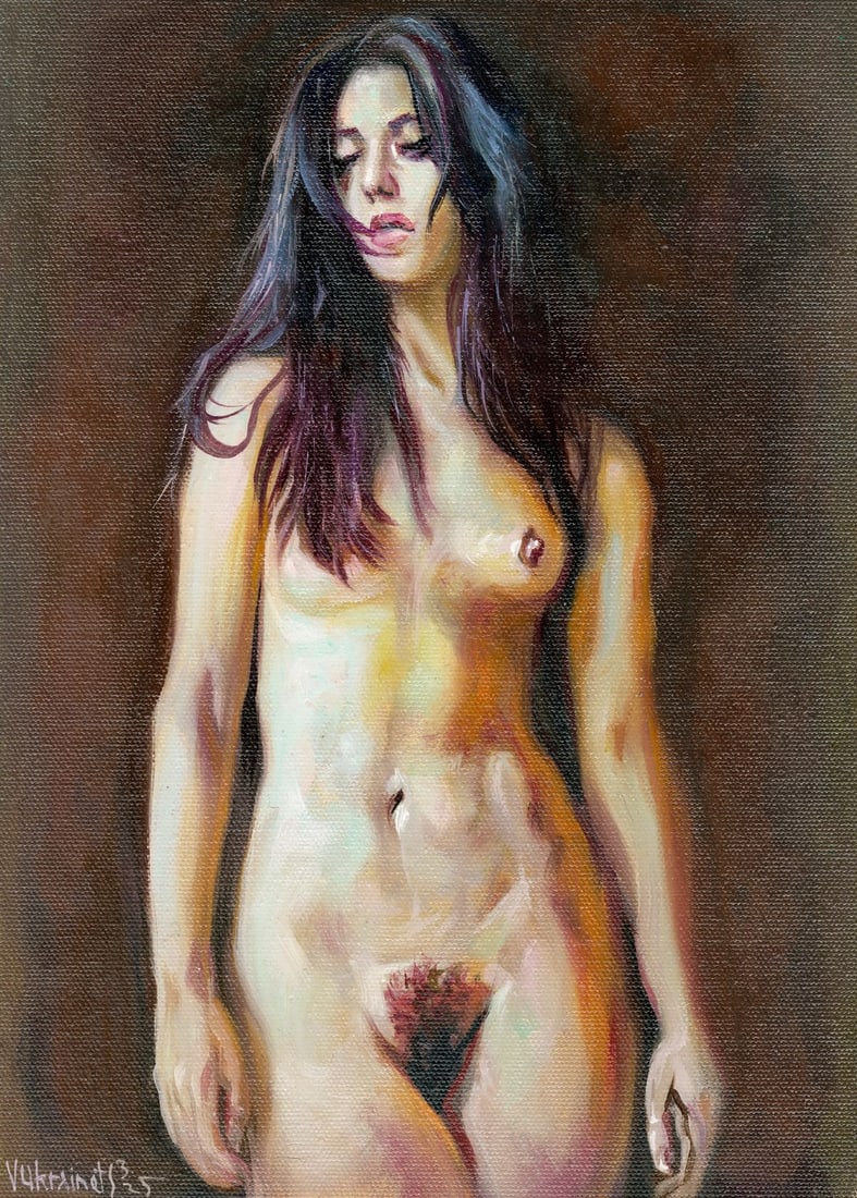 Valentin Ukrainets (Ukraine,b 1965) oil painting: ARTIST: Valentin Ukrainets (Ukrainian, born 1965) TITLE: Nude - Dark-haired Beauty Posing on a Dark Background (titled on verso) MEDIUM: oil on canvas CONDITION: Unstretched