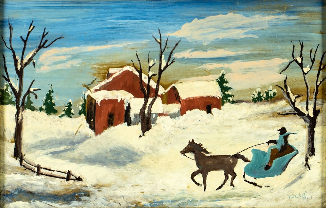 Pritchett (US,mid 20C) oil painting: ARTIST: Pritchett (American, mid 20 century) TITLE: Winter Country Scene YEAR: 1961 MEDIUM: oil on board CONDITION: Some small scratches/paint losses mostly along edges. No visible inpaint under UV