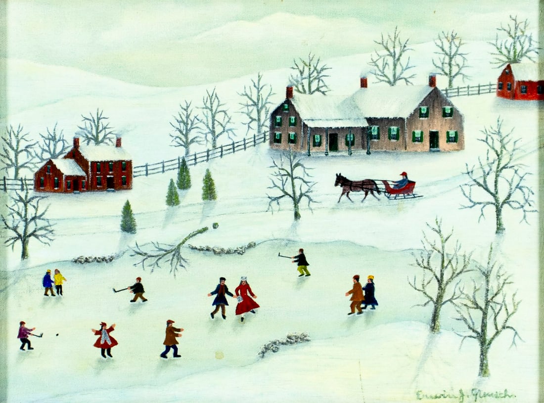 Vintage 20C American oil painting signed: ARTIST: - (American, 20 century) TITLE: Winter Village Scene MEDIUM: oil on canvas CONDITION: Vertical scratch 2" long by the lower edge. No visible inpaint under UV light. Wear to frame. ART SIZE: