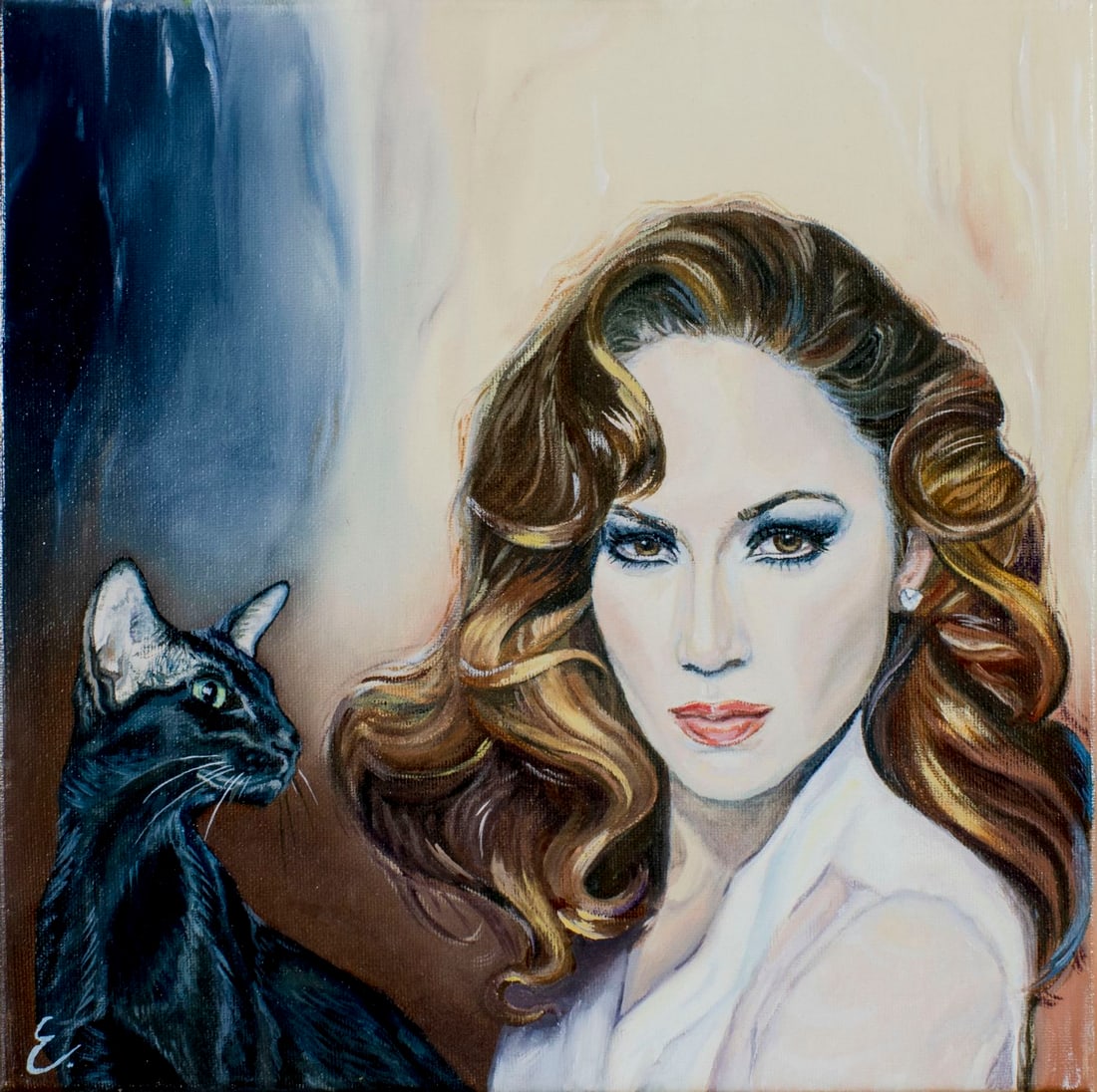 Evelina Miskunaite (Lithuania,20/21C) acrylic painting: ARTIST: Evelina Miskunaite (Lithuanian, 20/21 centuries) TITLE: Essence of a Cat (titled on stretcher) YEAR: 2014 MEDIUM: acrylic on canvas CONDITION: Very good. No visible inpaint under UV light.