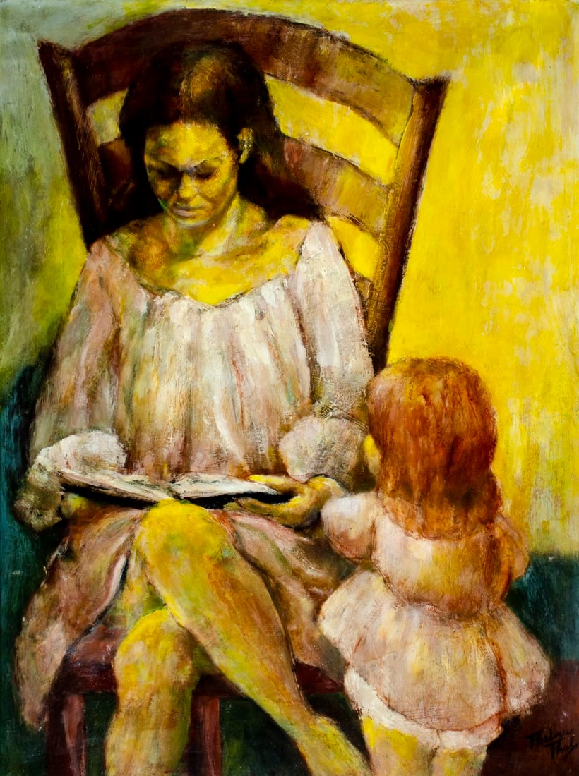 Thelma Thal (NY,1903-2001) oil painting: ARTIST: Thelma Thal (New York, 1903 - 2001) TITLE: Mother Reading to Daughter MEDIUM: oil on board CONDITION: Some damages to lower corners. Two nail holes along edges. Few minor scratches/paint