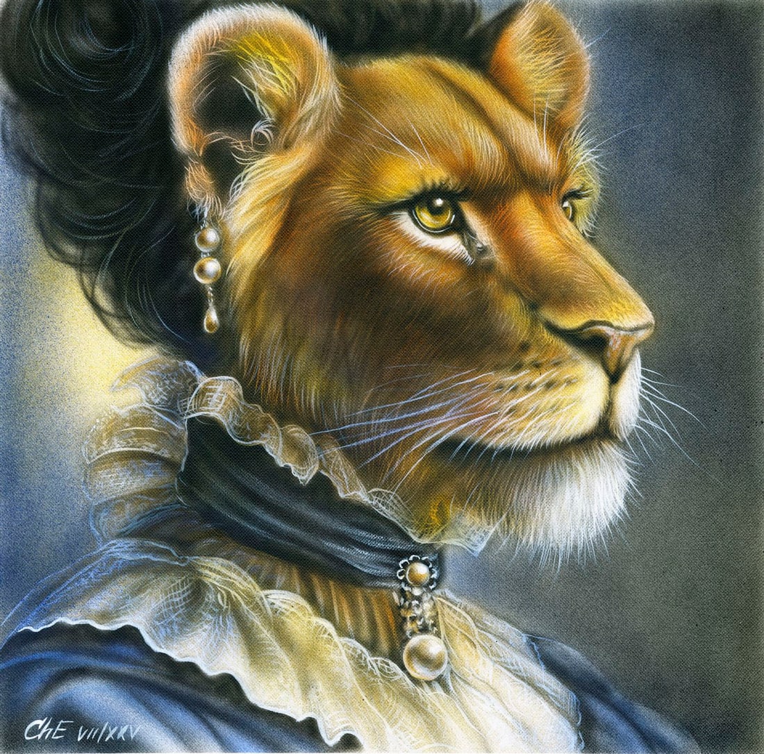 Evgeniy Chunikhin (Ukraine,b 1976) acrylic painting: ARTIST: Evgeniy Chunikhin (Ukrainian, born 1976) TITLE: Lady Lioness MEDIUM: acrylic on heavy paper CONDITION: Very good. ART SIZE: 12 x 12 inches / 30 x 30 cm FRAME SIZE: unframed (In-House framing