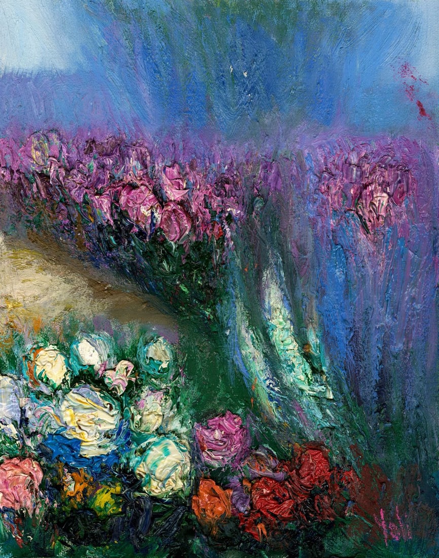 Yolanda Razzeto (Peru,1948-?) oil painting: ARTIST: Yolanda Razzeto (Peruvian, 1948 - ???) TITLE: Flower Field Landscape MEDIUM: oil on canvas CONDITION: Unstretched (In-House stretching available). Overall good. No visible inpaint under UV