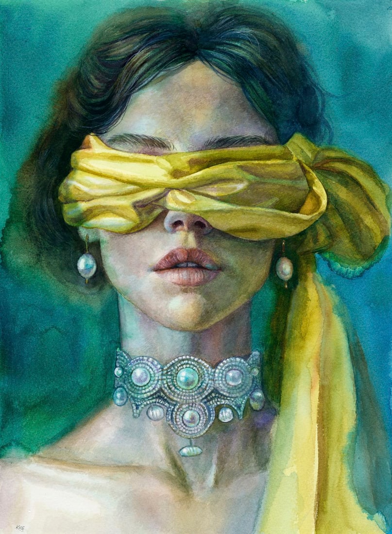 Katerina Grigorenko (Ukraine,b 1999) watercolor painting: ARTIST: Katerina Grigorenko (Ukrainian, born 1999) TITLE: Portrait of Blindfolded Woman MEDIUM: watercolor on heavy paper CONDITION: Very good. ART SIZE: 16 x 12 inches / 40 x 30 cm FRAME SIZE: