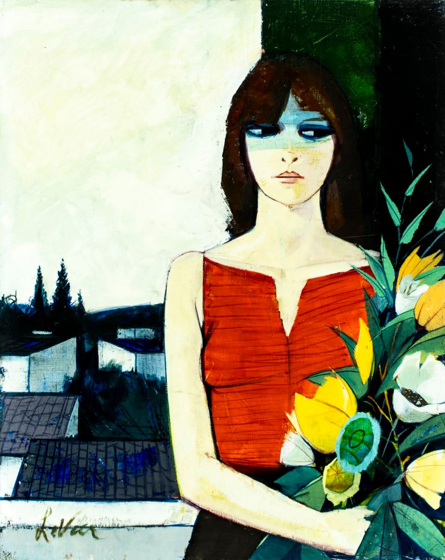 Charles Levier (French,NY,CA,1920-2003) oil painting: ARTIST: Charles Levier (France, New York, California, 1920 - 2003) TITLE: Jeune Fille aux Fleurs (titled on verso) MEDIUM: oil on canvas CONDITION: Some faint scratches. M