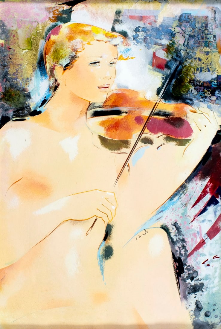 Vintage 20C American mixed media painting signed: ARTIST: - (American, 20 century) TITLE: Female Nude Playing Violon MEDIUM: mixed media on paper CONDITION: Very good. No visible inpaint under UV light. Framed under glass. ART SIZE: 19 x 13 inches