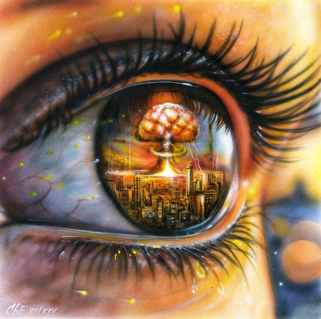 Evgeniy Chunikhin (Ukraine,b 1976) acrylic painting: ARTIST: Evgeniy Chunikhin (Ukrainian, born 1976) TITLE: Explosion MEDIUM: acrylic on heavy paper CONDITION: Very good. ART SIZE: 12 x 12 inches / 30 x 30 cm FRAME SIZE: unframed (In-House framing