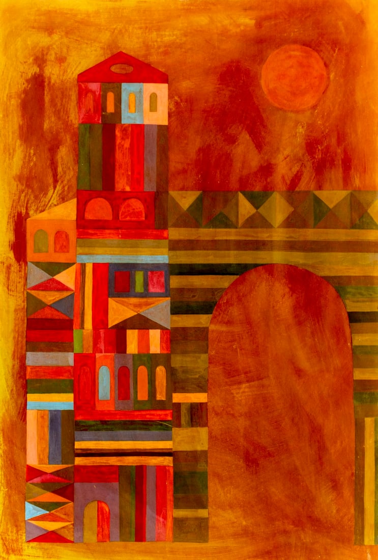 Ernest Rustia (US,mid 20C) oil painting: ARTIST: Ernest Rustia (American, mid 20 century) TITLE: Geometric Abstract Composition YEAR: 1960 MEDIUM: oil on board CONDITION: Some damages to edges and corners. Slight warping. Some scratches. No