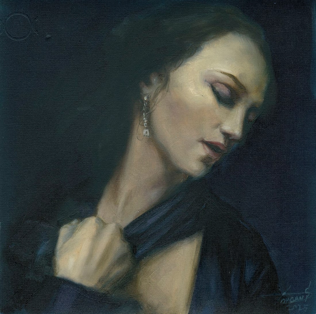 Sergey Dovgan (Ukraine,b 1976) oil painting: ARTIST: Sergey Dovgan (Ukraine, born 1976) TITLE: Portrait of Woman MEDIUM: oil on heavy paper CONDITION: Very good. No visible inpaint under UV light. ART SIZE: 12 x 12 inches / 30 x 30 cm FRAME