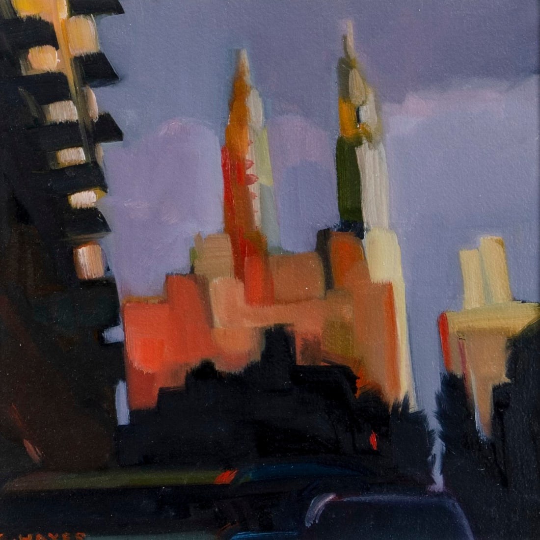 Connie Hayes (ME,20C) oil painting: ARTIST: Connie Hayes (Maine, 20 century) TITLE: San Remo (titled on label) YEAR: 2000 MEDIUM: oil on paper CONDITION: Very good. Framed under the glass. ART SIZE: 10 x 10 inches / 25 x 25 cm FRAME