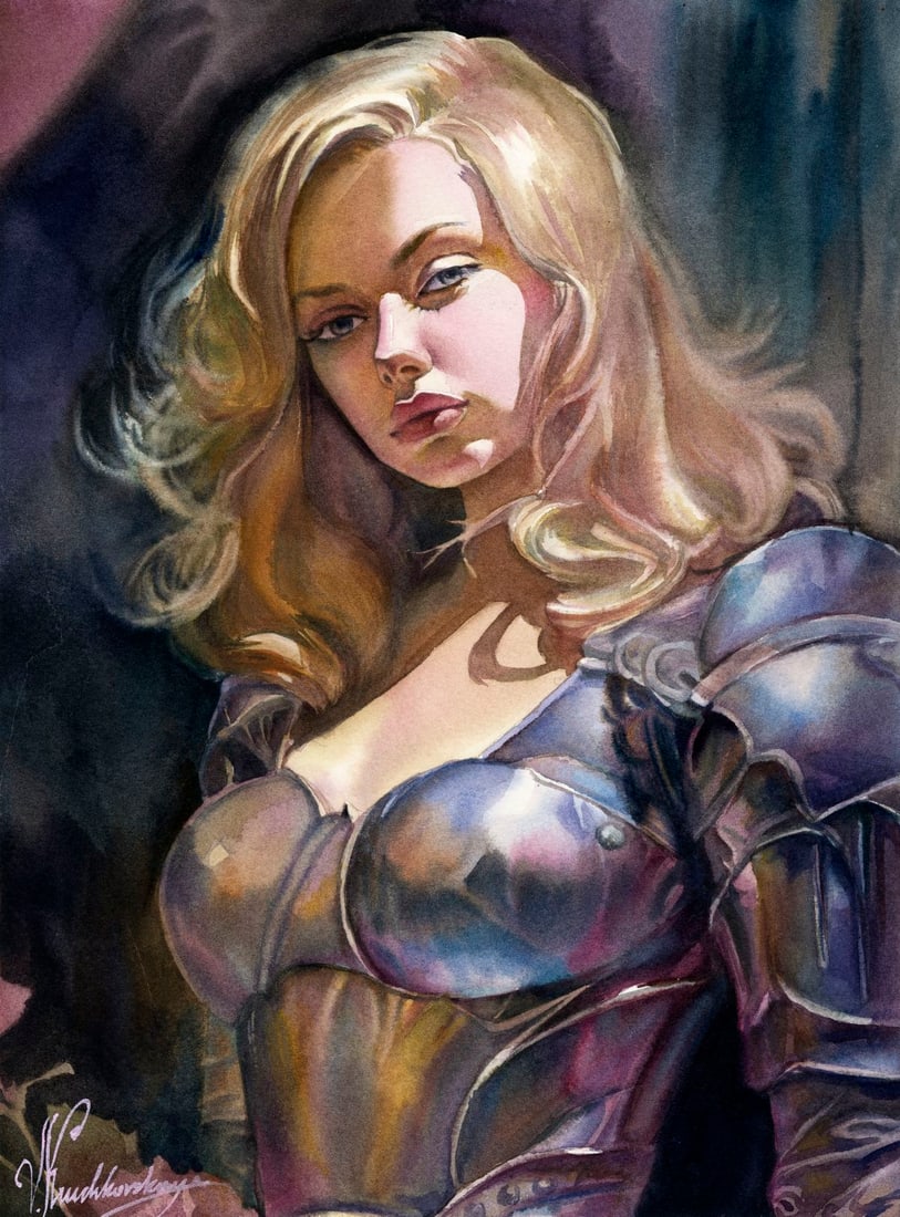 Veronika Kruchkovskaya (Ukraine,b 2004) watercolor painting: ARTIST: Veronika Kruchkovskaya (Ukrainian, born 2004) TITLE: Woman in Armor MEDIUM: watercolor on heavy paper CONDITION: Very good. ART SIZE: 16 x 12 inches / 40 x 30 cm FRAME SIZE: unframed