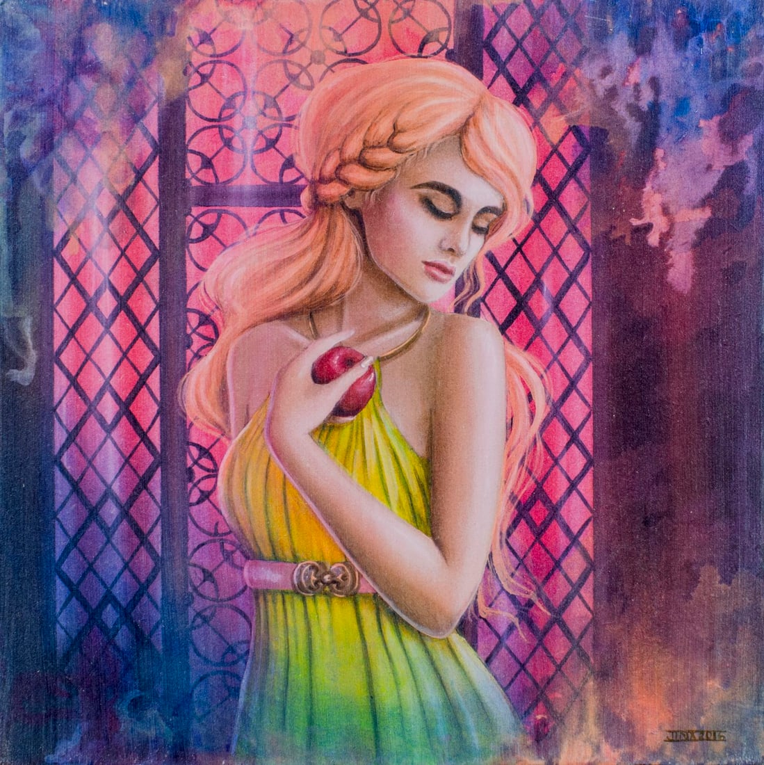 Jinx In The Sky (Australia,New Zealand,20/21C) acrylic painting: ARTIST: Jinx In The Sky (Katharina Reithofer) (Australian, New Zealand, 20/21 centuries) TITLE: House of the Mockingbird (titled on verso) YEAR: 2016 MEDIUM: acrylic on board CONDITION: Very good. No